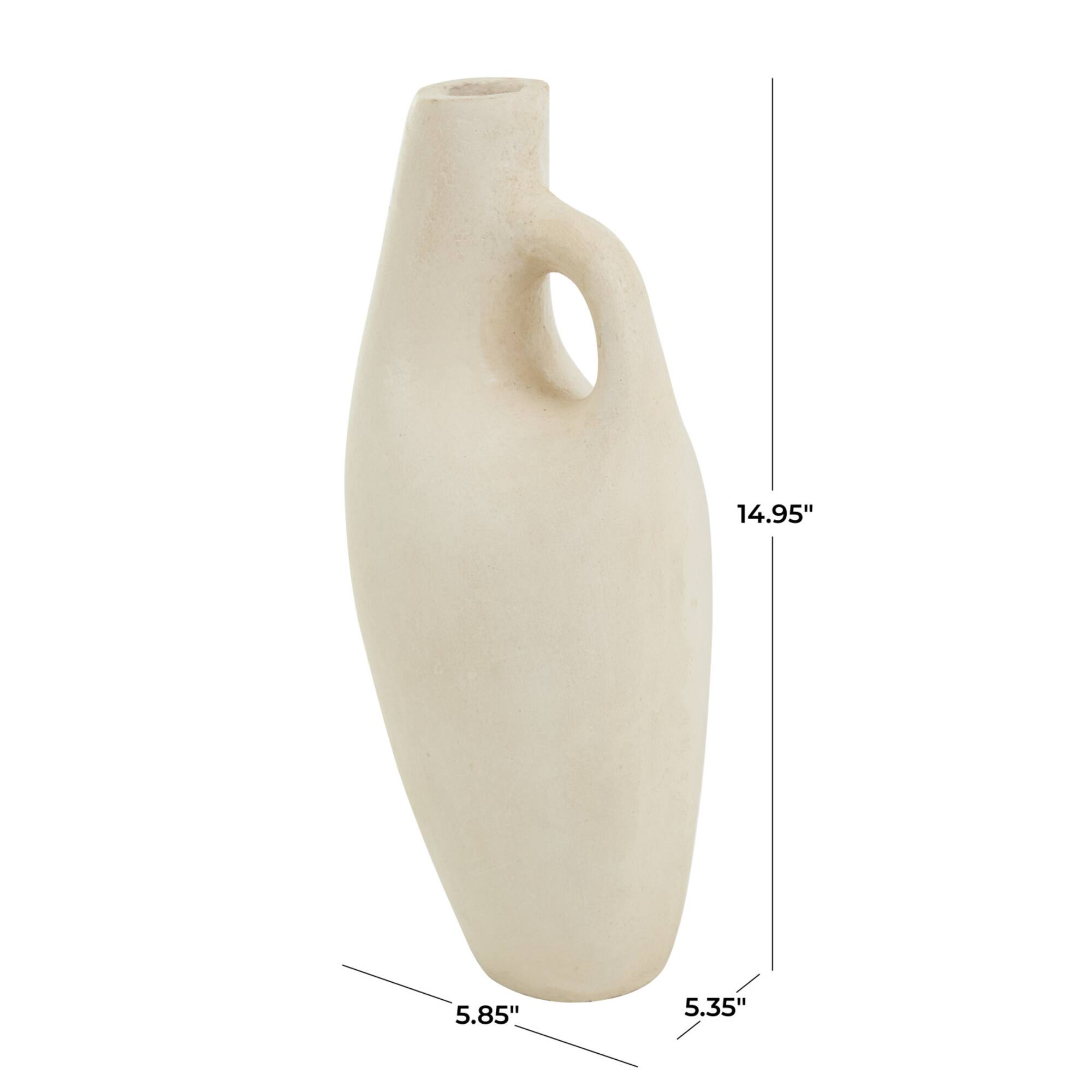 15" Beige Paper Mache Abstract Curved Vase with Handle